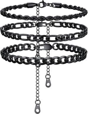 U7 2Pcs/3Pcs Ankle Bracelets for Women, Stainless Steel Cuban Link/Figaro/Rope/Heart Chain Anklets Sets,Waterproof Layered Anklets Adjustable 8.5″-10.5″