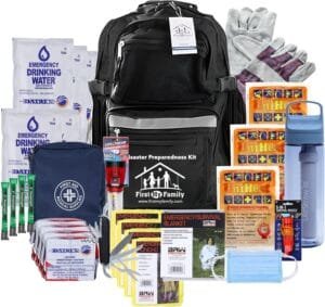 First My Family 4-Person Emergency Survival Kit with LifeStraw Water Filter – Disaster Preparedness Backpack with Hurricane and Earthquake Supplies, 72 Hour Survival Gear
