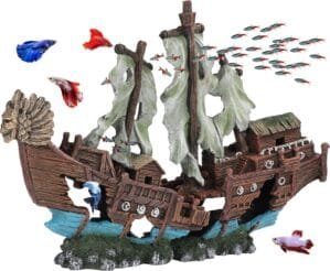UNEAK – Large Shipwreck Aquarium Decorations Ornament w/Sail (2 Pieces) 20 Gallons high and Larger Fish Tank, Sunken Ship Decoration Ornaments, Pirate Boat, Resin, Freshwater Saltwater Decor
