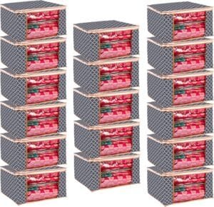 Wardrobe Organizer for Clothes BMG Import Export Cloth Storage Bag with Zipper Clothes Organizer with Transparent Window Non Wowen Material Cloth Cover for Saree Lehengha Shuit Dress Grey (Pack of 17)