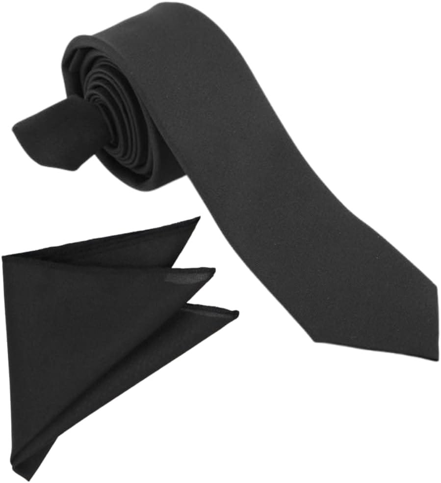 Mens Black Neck Tie | Matte Finish Microfiber | Formal Gift Plain Solid Slim Boys Necktie | Casual Interview Party Matt Free Size Black