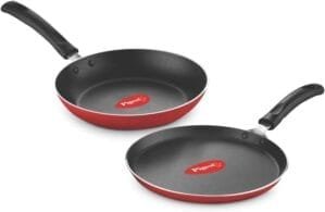 Pigeon Aluminium Nonstick Cookware Duo Pack Flat Tawa 250 and Fry Pan 200 Pans for Frying Gift Set (Red)