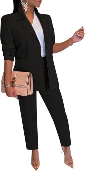 Tcremisa Women’s 2 Piece Pants Suit Long Sleeve Button Blazer and Pencil Pant Set Casual Office Business Outfits