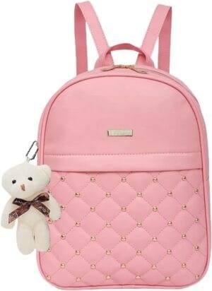TYPIFY® PU Leather Teddy Keychain Preppy Style Women Backpack Girls College Bag, Pink 36 Studs, S, Casual