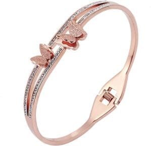 Women’s Rosegold Bracelet Elegant Dual Butterfly Stainless Steel Rose Gold Plated Kadaa Bracelet Rose Gold Medium