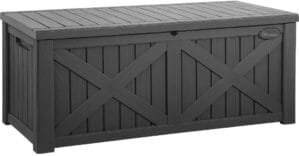 YITAHOME 120 Gallon Large Outdoor Storage Box with X-Shaped Front, Waterproof Resin Deck Box Cushion Storage Bench for Patio, Pool Supplies, Garden Tools – Lockable, Dark Gray
