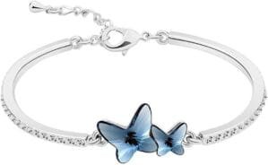 Women’s Plated Butterfly Crystal Bracelet Silver, Blue Medium