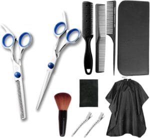 MAYCREATE® Hair Cutting Scissors Professional Home Hair cutting Barber/Salon Thinning Shears Stainless Steel Kit with Comb and Case for Men/Women (Blue)
