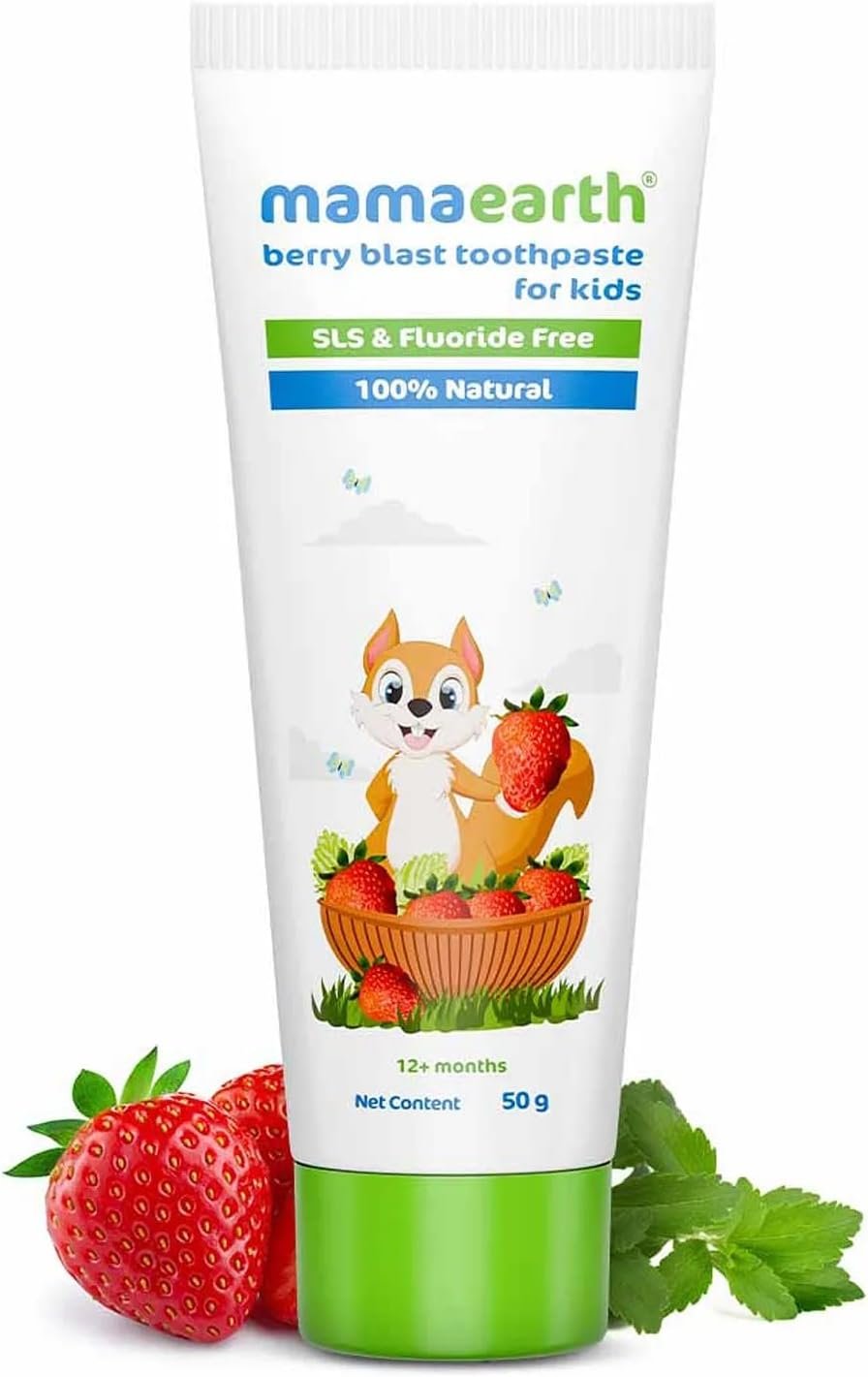 Mamaearth Natural Strawberry Baby Toothpaste | Gently Cleanses Teeth & Gums | Fights Cavities & Tooth Decay | Fluoride Free | Ideal Age 1 to 4 Years | Safe If Swallowed | 1.76 Oz/50g