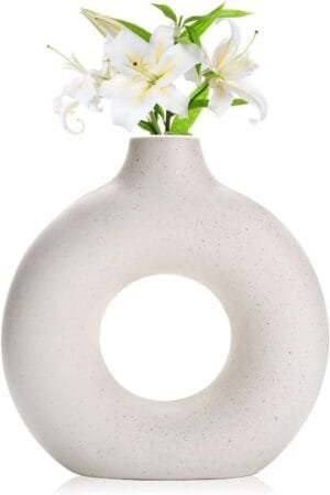 SPHINX Ceramic Donut Vase, Flower Vase Pampas Grass Vase, Vase Home Decor Centrepiece Decor for Home, Office, or Gifts-Vase Only – (White Matt Speckled, 6 in – 1 Pc)