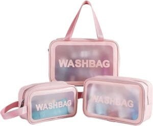 Clear Makeup Pouch Set, Cosmetic Organizer Bag for Women and Girls Travel Waterproof Toiletry Storage Kit, Set of 3 LIght Pink, Travel Accessories