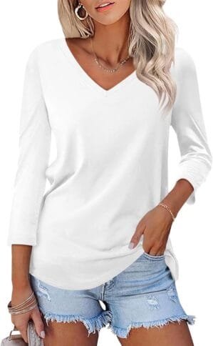 Minetom Women’s V Neck 3/4 Sleeve T Shirt Solid/Color Block Casual Basic Tops Summer Tees