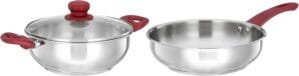 Amazon Brand – Solimo Stainless Steel 2 Piece Cookware Set |Impact Forged Bottom | Soft Touch Handles and Knob, Silver