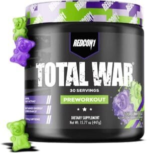 REDCON1 Total War Preworkout – Contains 320mg of Caffeine from Green Tea, Juniper & Beta Alanine – Pre Work Out with Amino Acids to Increase Pump, Energy + Endurance (Sour Gummy Bear, 30 Servings)