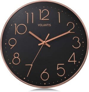 VOLANTIS 12 Inch Modern Stylish Non Ticking Silent Wall Clock For Home Clocks For Wall, Living Room, Bedroom, Office, And Kitchen (Black & Rose Gold,Plastic)
