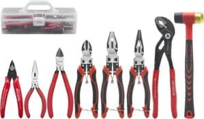 8-Piece Tool Set with Case Including 10” Groove Joint Pliers, 8.3” Long Nose, 8.3” Linesman, 7.5” Diagonal, 6” Flush Cutter, 5” Long Nose, 5” 170 Cutter, 25mm Rubber Mallet for DIY & Home Use