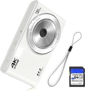 44MP FHD 4K Autofocus Kids Camera with 16x Zoom, Compact Point and Shoot Camera for Kids with 64GB SD Card, 2 Batteries, Simple Small Digicam for Teens (White)