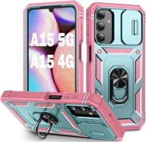 PASNEW for Samsung Galaxy A15 5G Case Camera Cover,Kickstand Military Grade Heavy Duty Full Body Shockproof Hard Shell for Samsung A15 4G,6.5 inch,Green Pink