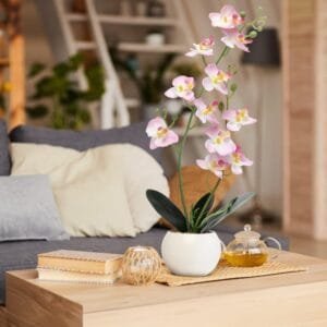 Decor & More Artificial Orchid Flowers with White Ceramic Pot 43 Cm | Faux Orchids for Table Centerpiece | Realistic Fake Flower for Home and Office Decoration, Light Pink Set of 1