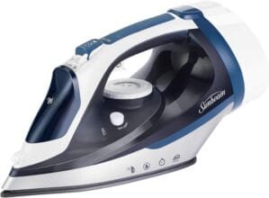 Sunbeam 1700W Steam Iron, 8′ Retractable Cord, Variable Temperature Select, Non-Stick Soleplate, Dual Spray Mist, Horizontal or Vertical Shot of Steam Feature, 3-Way Auto-Off, Blue and White