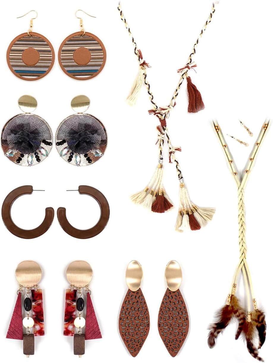 7 Pieces Bohemian Fashion Jewelry Set, Earrings, Necklace, Brown and Gold Tones with Tassels
