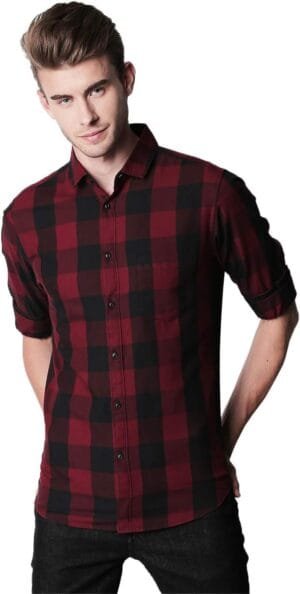 Mens Button Down Shirt – 100% Cotton, Slim Fit, Long Sleeve Check Shirt