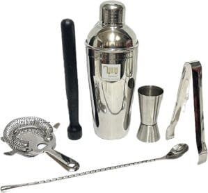 Stainless Steel 6 Pcs Bartender Martini Kit Set – Teardrop Bar Spoon, Cocktail Shaker 750 ml, Tall peg Measure 30/60 ml, Black PVC Muddler, Ice Tong, Cocktail Strainer- Set of 6