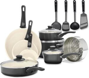 GreenLife Soft Grip 16 Piece Cookware Set, Non-Toxic PFAS-Free Ceramic Nonstick, Frying, Sauce, Saute, Utensils, Glass Lids, Stay-Cool Handles, Wobble Free, Dishwasher & Oven Safe, Black and Cream