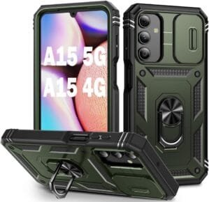 PASNEW for Samsung Galaxy A15 5G Case,360° Metal Kickstand & Slide Camera Cover,Military Heavy Duty Full Body Shockproof Hard Shell for Galaxy A15 4G,6.5 inch,Army Green