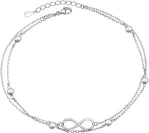 FLYOW Anklet for Women S925 Sterling Silver Adjustable Foot Beaded Heart Charm Ankle Bracelet Anklets Jewelry