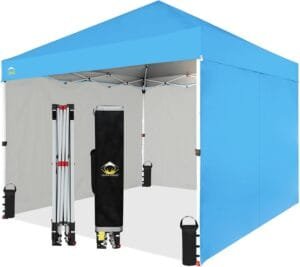 CROWN SHADES 10X10 Comercial Instant Canopy Pop Up Tent with Center Lock (10×10 with 4 Sidewalls, Sky Blue)