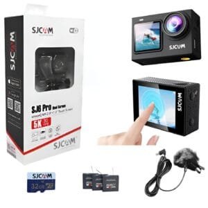 SJCAM SJ6 Pro 5K 24MP Dual Screen Action Camera Kit | 6axis gyro | 165° Ultra Wide | 2″ Touch Screen | 30M Underwater with 3 x1000 mAh Batteries 32GB SD Card, Type-C Mic and Accessories Kits