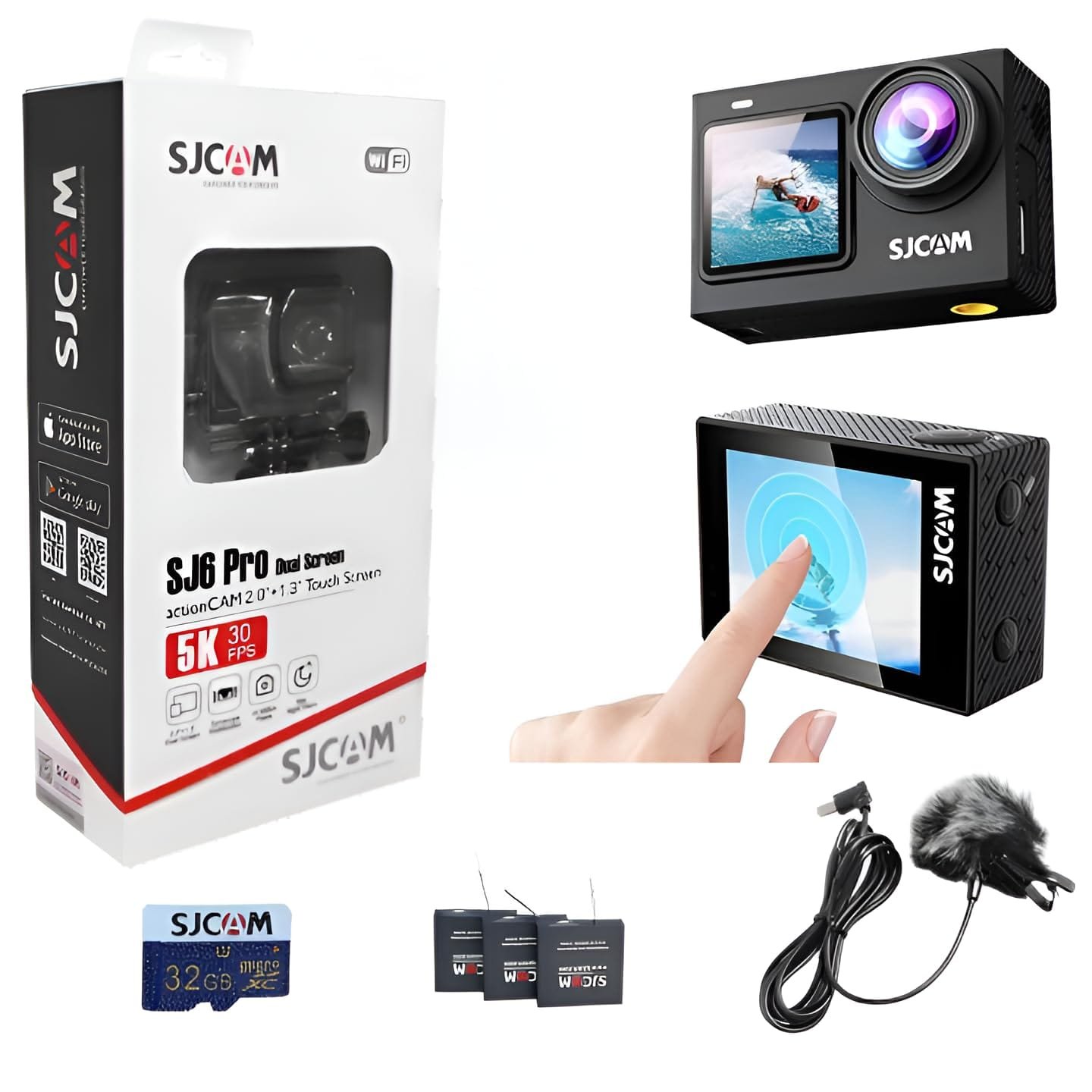 SJCAM SJ6 Pro 5K 24MP Dual Screen Action Camera Kit | 6axis gyro | 165° Ultra Wide | 2" Touch Screen | 30M Underwater with 3 x1000 mAh Batteries 32GB SD Card, Type-C Mic and Accessories Kits