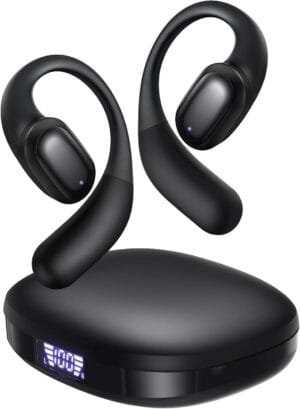 PSIER Open Ear Headphones, Bluetooth 5.3 Air Conduction Headphones with Mic Wireless Premium Stereo Sound Earbuds with 40H Playtime & Digital Display, IPX6 Earbuds for Running Fitness (Black)