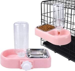 Crate Dog Cat Bowls, Dog Water and Food Bowl Set with Detachable Stainless Steel Bowl and Automatic Water Dispenser Bottle, Hanging Pet Cage Kennel Food Water Feeder Bowls for Puppy Cat Rabbite