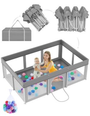 Foldable Large Baby Playpen 50″×71″, Playard for Babies and Toddlers, Portable Safety Baby Fence Lightweight,No Installation, Indoor & Outdoor Baby Playpen with Ocean Balls*100, Grey