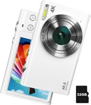 Digital Camera, 4K Autofocus Vlogging Camera with Flash, 48MP Point and Shoot Digital Camera with 16X Zoom, Anti-Shake, 32GB Card, Portable Compact Camera for Teens Adult Beginner(White)