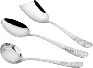 Parage 3 Pieces Stainless Steel Serving Spoons Set for Dining Table/Kitchen, 1.8 mm Heavy Gauge (1 Soup Ladle (Karchi), 1 Solid Spoon (Chamcha), 1 Rice Spoon), Silver (Pack of 3)