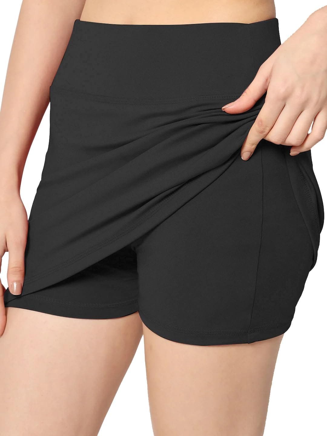 Skirt with Shorts for Women's & Girl's Solid High Waist Flared Skater Short Mini Skirt (L, Black)