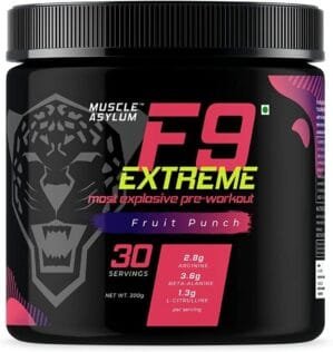 F9 Extreme Pre-Workout Energy Supplement | High Caffeine + Beta Alanine + EAA- Creatine Free – 30 Servings, 300gm (Fruit Punch)
