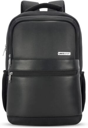 45cm Pioneer 24 Litres Laptop Backpack with Trolley Sleeve For Men & Women | Premium Vegan Leather Office Travel Backpack | Upto 14″ Notebook/Macbook Compatible, Black, M, Pioneer