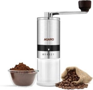 AGARO Elite Manual Coffee Grinder, Ceramic Grinder with Glass jar, 6 Adjustable Settings, Stainless Steel Body, Tooth Handle, No Power, Whole Bean, Drip Coffee, Espresso, Silver