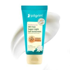 Pilgrim 5% Niacinamide Oil-Free Super Light Gel Sunscreen For Oily Skin Spf 50 Pa++++ With Korean White Lotus|No White Cast, Dry Touch, Fast Absorbing|Uva/Uvb, Broad Spectrum For Men And Women|45Ml