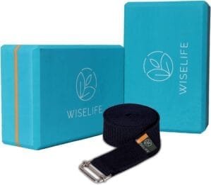 Wiselife Teal Yoga Block Set + Blue Yoga Belt, Yoga Brick (Set of 2, Extra Large Size), Yoga Stretch Belt/Strap (Navy Blue, 8 Feet Long), Yoga Starters Kit, Yoga Accessories, Yoga Props