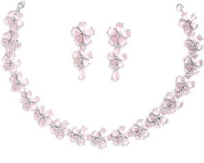 Women Rhodium Plated Silver Toned American Diamond Studded Flower Shaped Jewellery Set