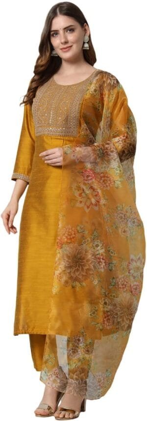 VredeVogel Women’s Embroidered Cotton Silk Blend Kurta Pant and Dupatta Set