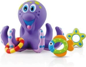Nuby Floating Octopus Toy with 3 Hoopla Rings – Baby Bath Toy for Boys and Girls – 18+ Months – Purple (Pack of 1)