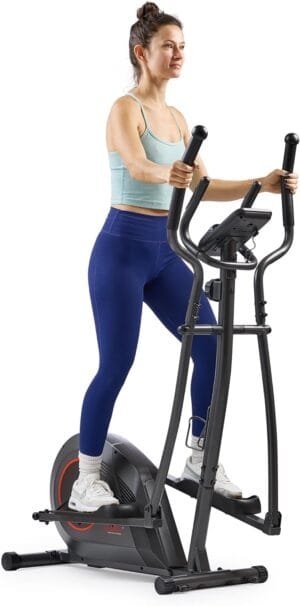 Sunny Health & Fitness 2-in-1 Smart Upright Elliptical Full-Body Exerciser w/Pulse Sensors, Home Cross-Training Cardio Workout Machine, Free SunnyFit App Bluetooth Link, Optional Long Stride Length