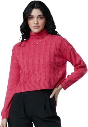 Fuschia Pink Women and Girls Long Sleeves Turtle Neck Solid Acrylic Regular Fit Knitted Sweaters