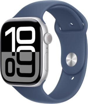 Apple Watch Series 10 [GPS + Cellular 46mm case] Smartwatch with Silver Aluminium Case with Denim Sport Band – M/L. Fitness Tracker, ECG App, Always-On Retina Display, Water Resistant